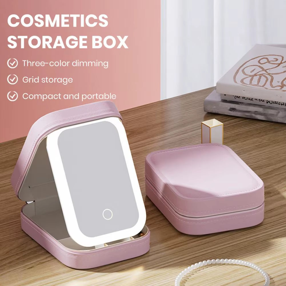 Capacity Storage Box Multi-Compartment Storage Organizer Portable Foldable Cosmetic Storage Box with Led Mirror for Dustproof